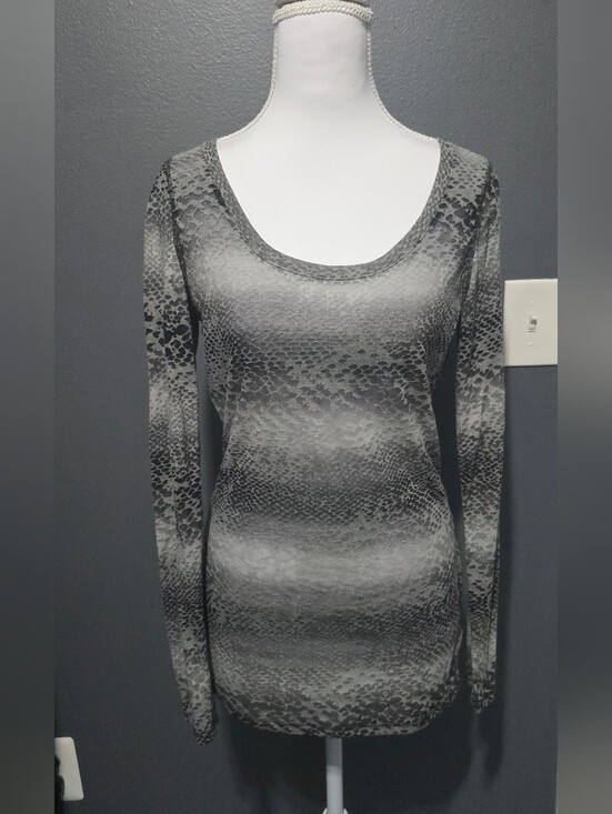 Express Tops - Express Gray Snake-Print Long Sleeve Scoop Neck Top Semi-sheer